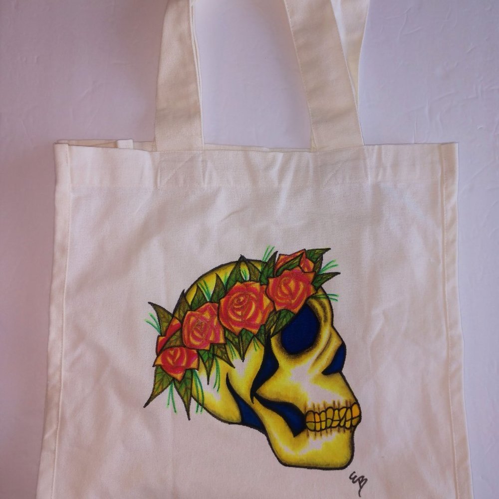 Hand-Painted Skull Tote Bag: Floral Rose Crown, Reusable Canvas - Picture 11 of 16
